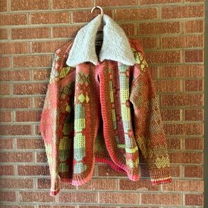 By Anthropologie Faux Fur Collar Maximalist Abstract Draped Cardigan Sweater